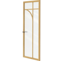 Binnendeur van glas met houten frame, gebogen roedes en zwarte deurklink.