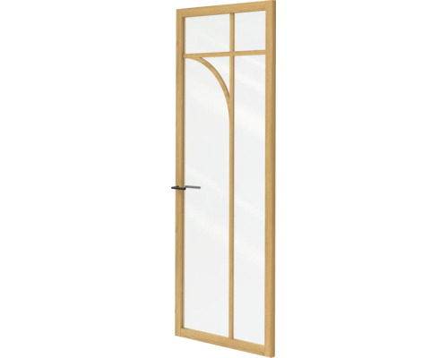 Binnendeur van glas met houten frame, gebogen roedes en zwarte deurklink.