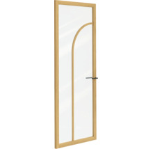 Binnendeur met houten kozijn, grote glazen inzet, gebogen roede en zwarte deurkruk.