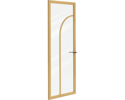 Binnendeur met houten kozijn, grote glazen inzet, gebogen roede en zwarte deurkruk.