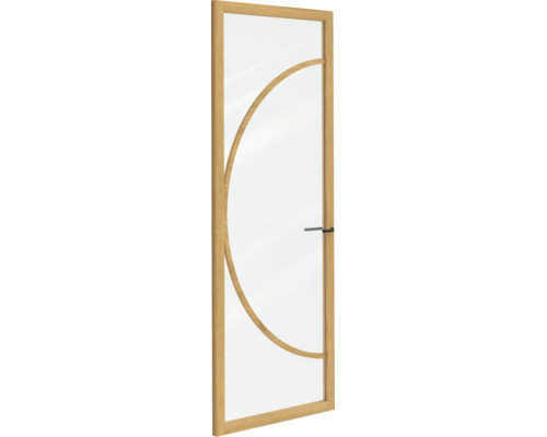 Binnendeur van glas met houten frame in eikenlook en een gebogen houten element