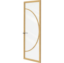 Binnendeur met licht houten frame, groot glaspaneel, halfronde houten decoratie en zwarte klink.