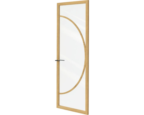 Binnendeur met licht houten frame, groot glaspaneel, halfronde houten decoratie en zwarte klink.