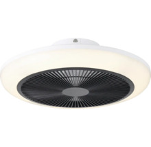 Ronde plafondventilator met geïntegreerde verlichting en lamellenrooster.