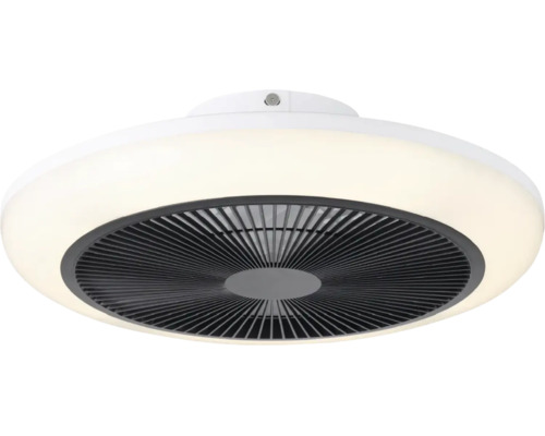 Ronde plafondventilator met geïntegreerde verlichting en lamellenrooster.