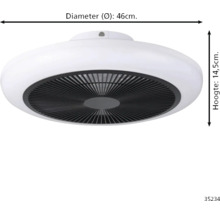 Plafondventilator met licht, diameter 46 centimeter, hoogte 14,5 centimeter.