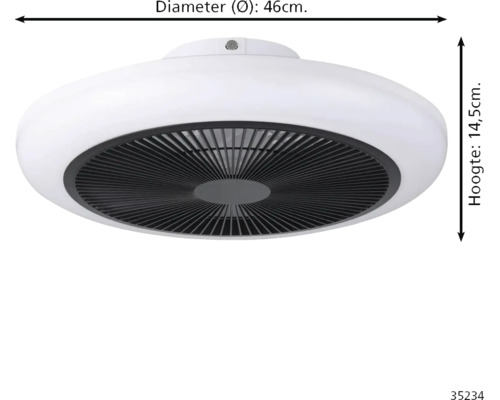 Plafondventilator met licht, diameter 46 centimeter, hoogte 14,5 centimeter.
