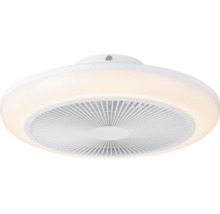 Ronde plafondlamp met geïntegreerde ventilator en witte behuizing.