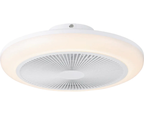 Ronde plafondlamp met geïntegreerde ventilator en witte behuizing.