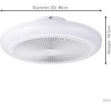 Witte plafondventilator met licht, rond, diameter 46 centimeter, hoogte 14,5 centimeter.