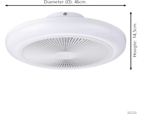 Witte plafondventilator met licht, rond, diameter 46 centimeter, hoogte 14,5 centimeter.