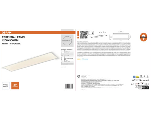 Osram LED-paneel Essential, 1200 bij 300 millimeter, 36 Watt, 4300 Lumen, 4000 Kelvin, koud wit licht, drie jaar garantie.