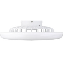 Witte, platte ronde led-plafondlamp met een roosterbehuizing aan de bovenkant.