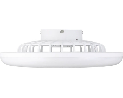 Witte, platte ronde led-plafondlamp met een roosterbehuizing aan de bovenkant.