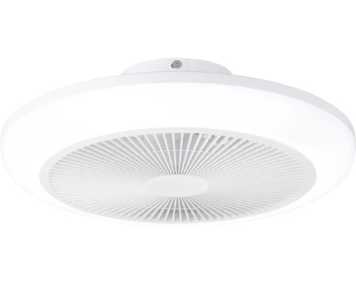 Ronde LED plafondlamp met geïntegreerde ventilator en beschermrooster.