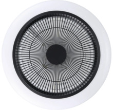 Moderne ronde plafondventilator met geïntegreerde ledlamp, zwart rooster en witte buitenring.