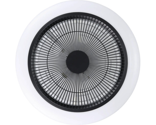 Moderne ronde plafondventilator met geïntegreerde ledlamp, zwart rooster en witte buitenring.