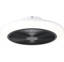 Moderne plafondventilator met geïntegreerde LED lichtring en zwart rooster.