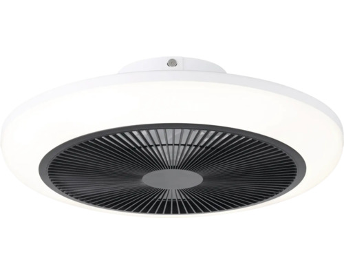 Moderne plafondventilator met geïntegreerde LED lichtring en zwart rooster.