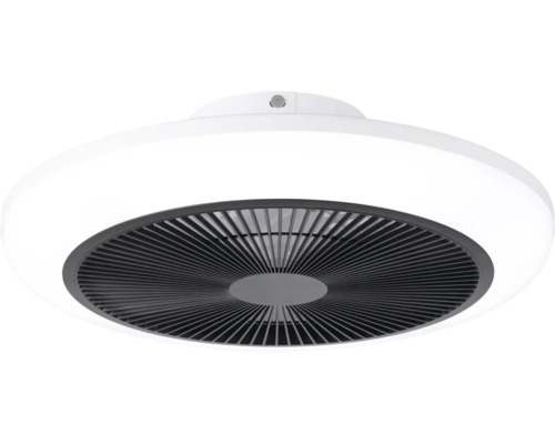 Ronde plafondlamp met geïntegreerde ventilator, witte lichtring en donker lamellenrooster.