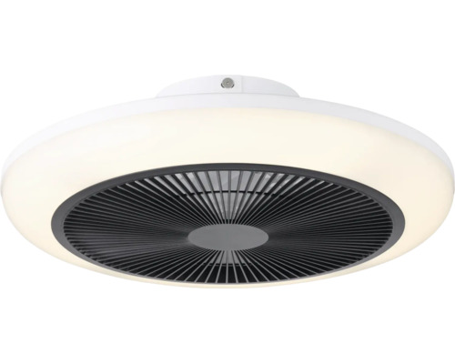Ronde plafondventilator met geïntegreerde LED-verlichting en een donker lamellenrooster.