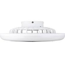 Moderne witte plafondventilator met geïntegreerde LED-verlichting, plat profiel in zijaanzicht.