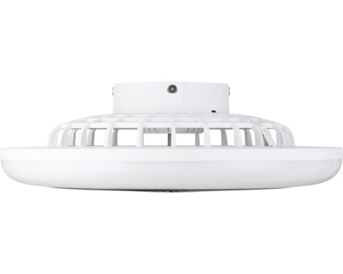 Moderne witte plafondventilator met geïntegreerde LED-verlichting, plat profiel in zijaanzicht.