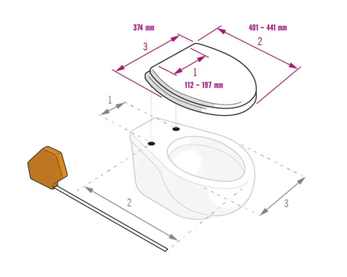 Maatschets voor toiletzitting en toiletpot met vermelding van breedte, lengte en scharnierafstand in millimeters.