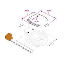 Maatschets voor een toiletbril met scharnierafstand 155 millimeter, breedte 365 millimeter en diepte 462 millimeter.