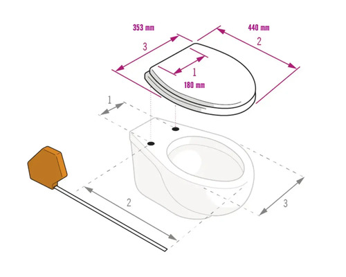 Technische tekening met maten voor toiletzitting en toiletpot: breedte 353 millimeter, lengte 440 millimeter, hartafstand 180 millimeter.