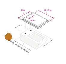 Maattekening voor toiletzitting: gatafstand 180 millimeter, lengte 418 tot 473 millimeter, breedte 361 millimeter.