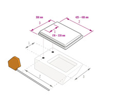 Maattekening voor een toiletbril met afmetingen: scharnierafstand 170 tot 220 millimeter, lengte 425 tot 430 millimeter, breedte 350 millimeter.