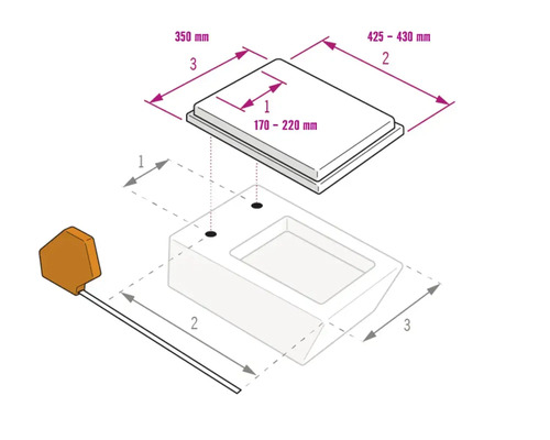 Maattekening voor een toiletbril met afmetingen: scharnierafstand 170 tot 220 millimeter, lengte 425 tot 430 millimeter, breedte 350 millimeter.