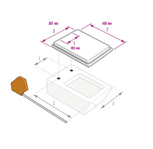 Maattekening voor een productdeksel: gatafstand 195 millimeter, breedte 430 millimeter en diepte 367 millimeter.