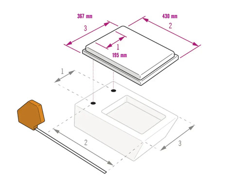 Maattekening voor een productdeksel: gatafstand 195 millimeter, breedte 430 millimeter en diepte 367 millimeter.