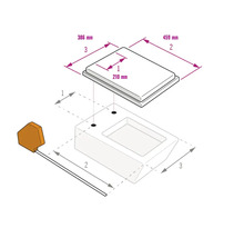 Maattekening voor toiletzitting en toiletpot: gatafstand 210 millimeter, lengte 459 millimeter, breedte 386 millimeter.