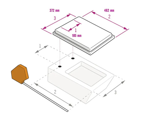 Technische tekening met afmetingen: lengte 462 millimeter, breedte 372 millimeter en boorgatafstand 185 millimeter.