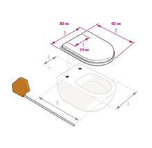 Tekening van een toiletzitting en toilet met afmetingen: breedte 368 millimeter, lengte 432 millimeter en boorgatafstand 170 millimeter.