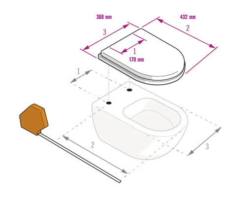 Tekening van een toiletzitting en toilet met afmetingen: breedte 368 millimeter, lengte 432 millimeter en boorgatafstand 170 millimeter.