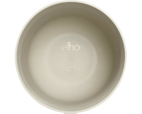 Bovenaanzicht van een ronde kunststof plantenpot met elho Logo en de vermelding 100 procent recyclebaar.