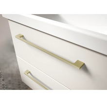 Witte wastafelonderkast met twee laden en smalle, goudkleurige metalen handgrepen.