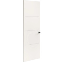 Witte binnendeur met drie horizontale groeven en een zwart deurbeslag.