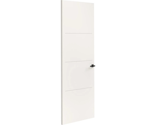 Witte binnendeur met drie horizontale groeven en een zwart deurbeslag.