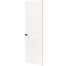Witte binnendeur met drie horizontale groeven en een zwart deurbeslag.