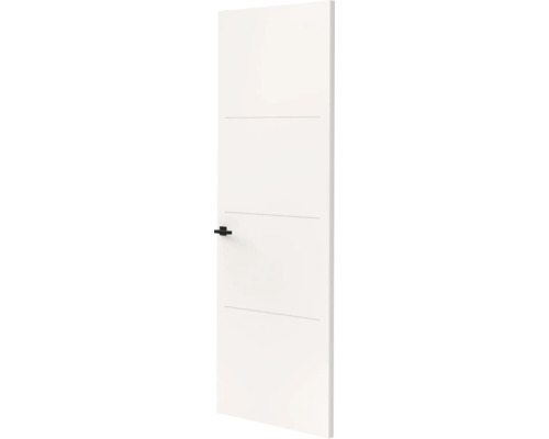 Witte binnendeur met drie horizontale groeven en een zwart deurbeslag.