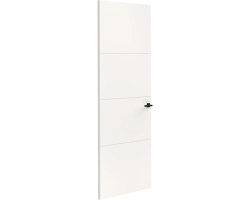 Moderne witte binnendeur met horizontale groeven en zwarte klink.