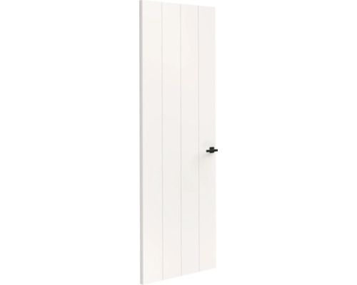 Witte binnendeur met verticale groeven en zwarte deurgreep.