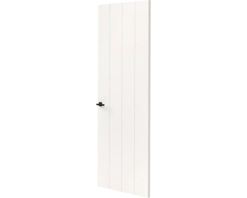 Witte binnendeur met verticale groeven en een zwart deurbeslag.