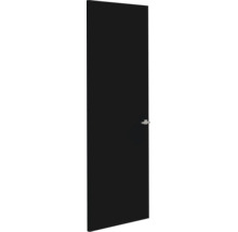Zwarte binnendeur met zilverkleurige deurkruk, modern ontwerp.