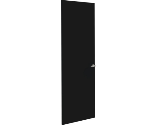 Zwarte binnendeur met zilverkleurige deurkruk, modern ontwerp.